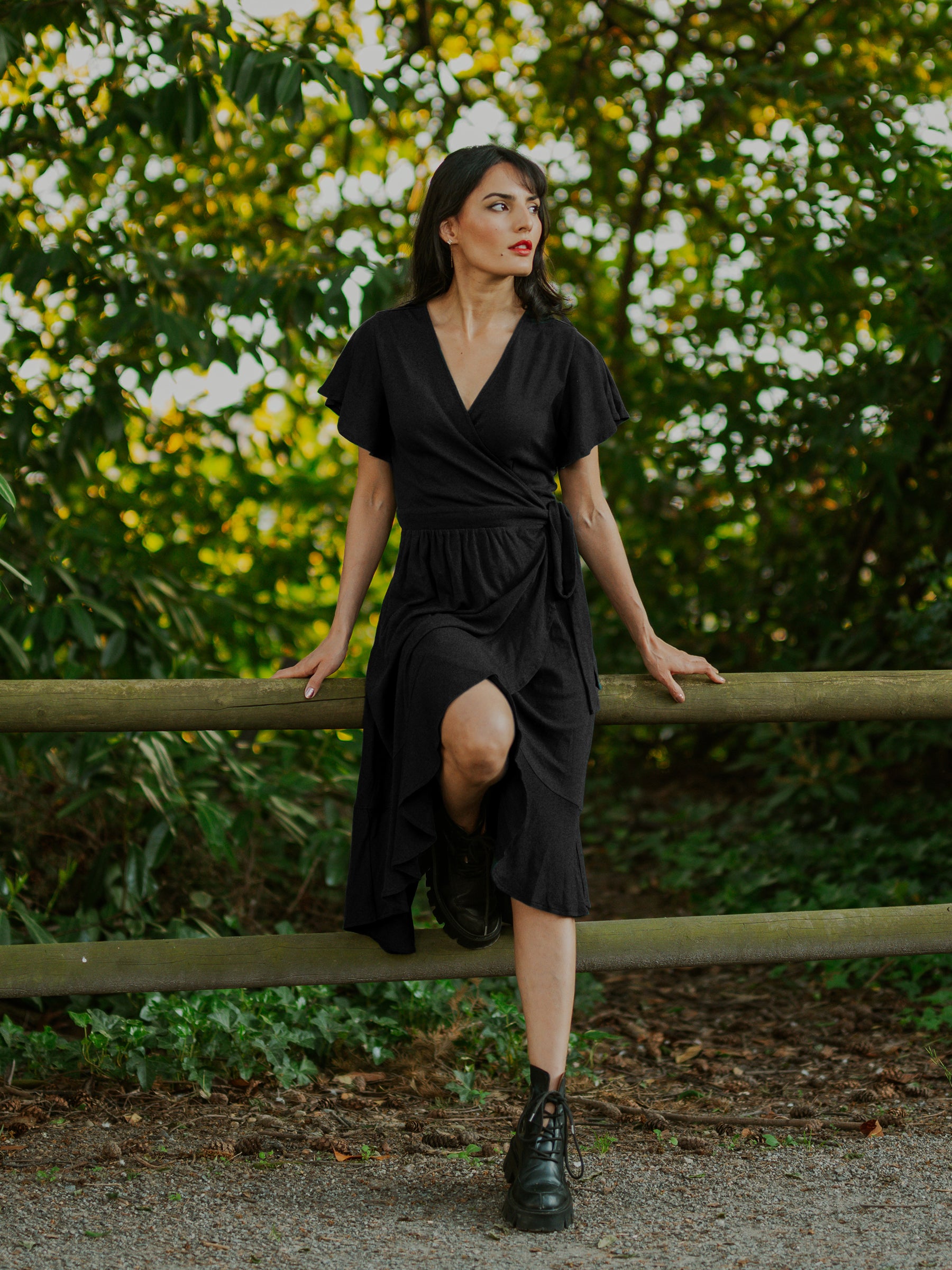 Black ruffle wrap dress online