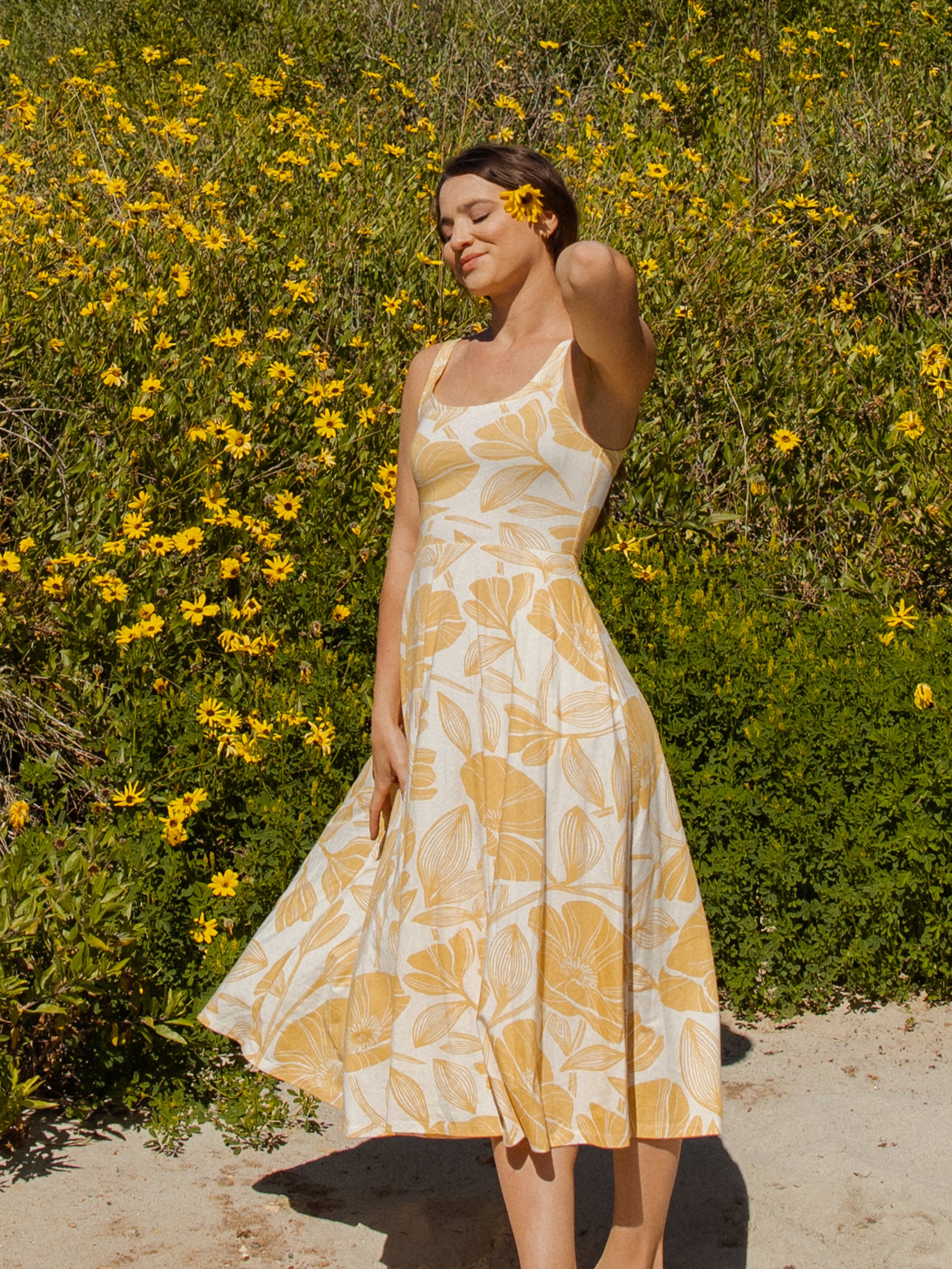 Women's Organic Cotton Midi Dress - Golden Poppies