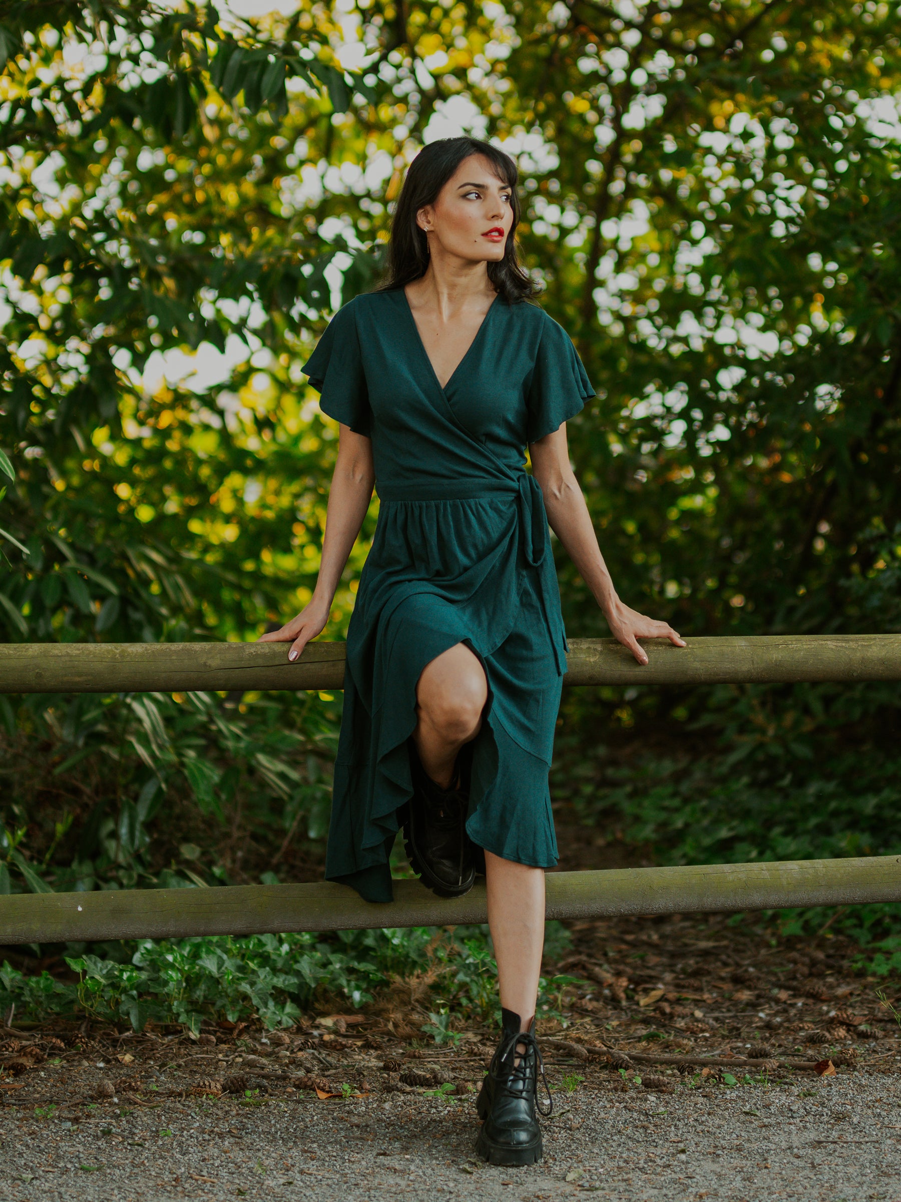 Green ruffle wrap clearance dress